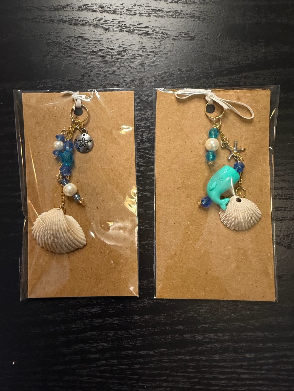 Seashell Charm Keychain with Blue Beads and Pearl Accents
